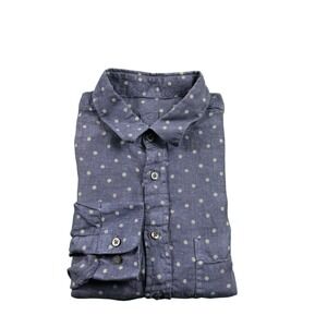 120% Lino Blue White Floral Pure Linen LS Mens Lounge Button Front Shirt Small